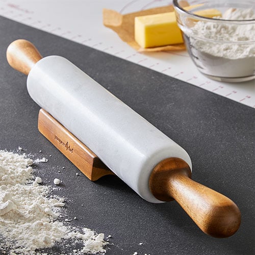451 Cucina Pro Marble Rolling Pin Heavy Weight With Large Comfort Grip Wooden Handles and Cradle 