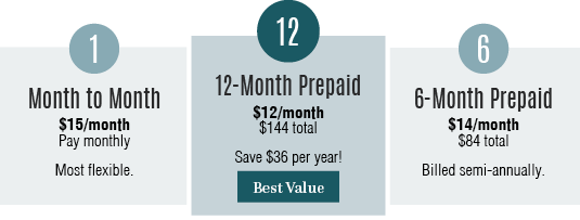 $15 month to month, $12/month 12-month prepaid, and $14/month 6-month prepaid.