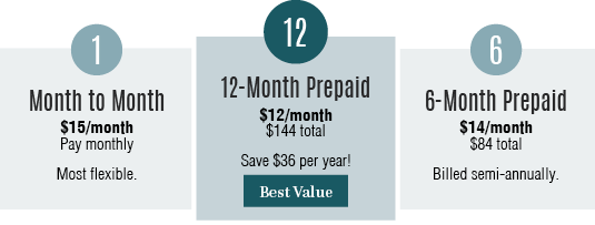 $15 month to month, $12/month 12-month prepaid, and $14/month 6-month prepaid.