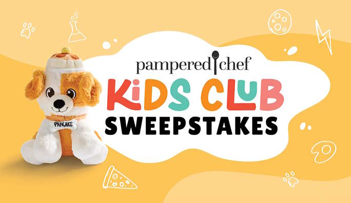 yellow-orange banner with icons of beakers, paw prints, lightening bolts, cookies, and eggs. A Pancake the Puppy plushie and graphic that says, "Pampered Chef Kids Club Sweepstakes" sits on top of the banner.