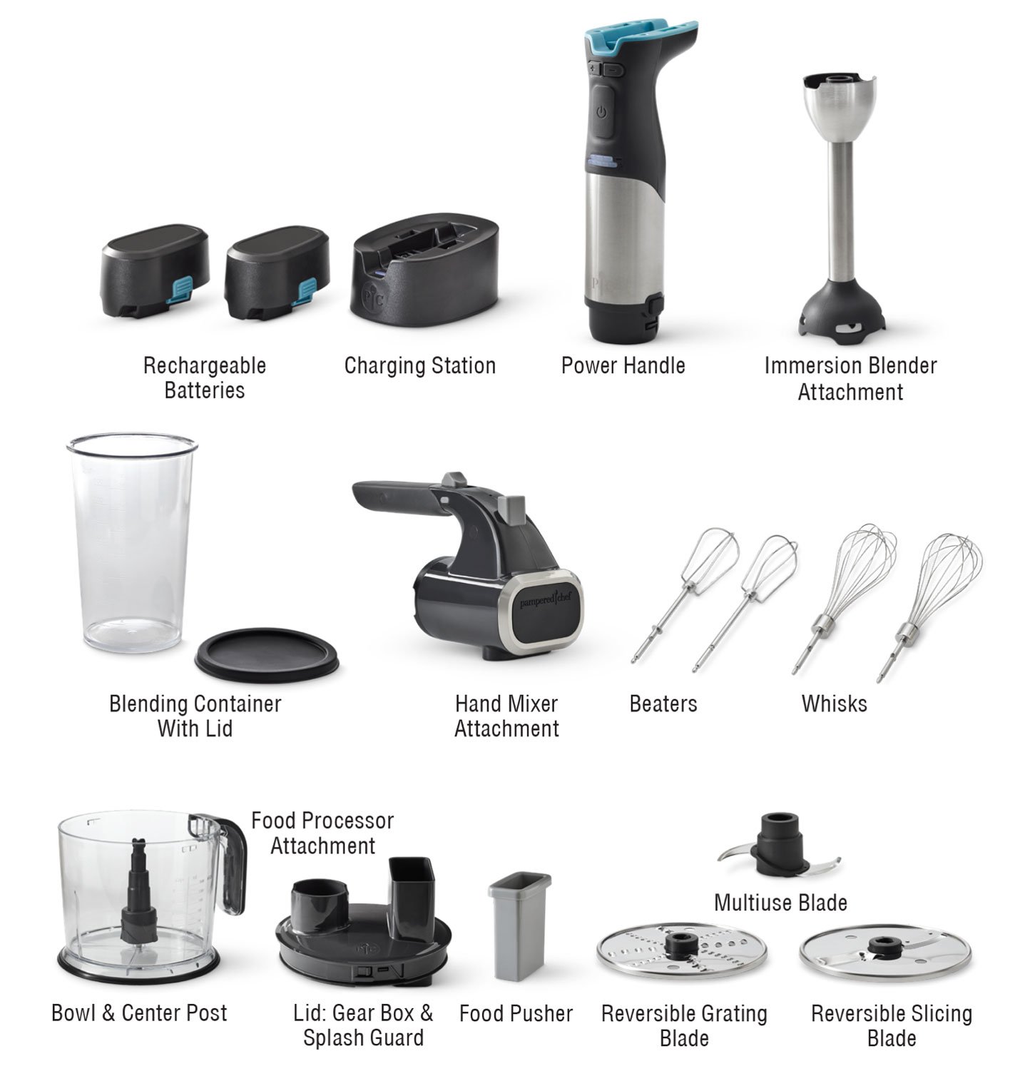 Rechargeable batteries, charging station, power handle, immersion blender attachment, blending container with lid, hand mixer attachment, beaters, whisks, bowl & center post, prood processor attachment, lid: gear box & splash guard, food pusher, multiuse blade, reversible grating blade, and reversible slicing blade