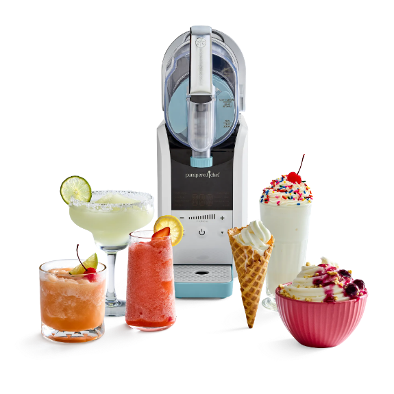 FreezyFun Ultimate Frozen Drink & Soft-Serve Maker with an assortment of drinks and food.