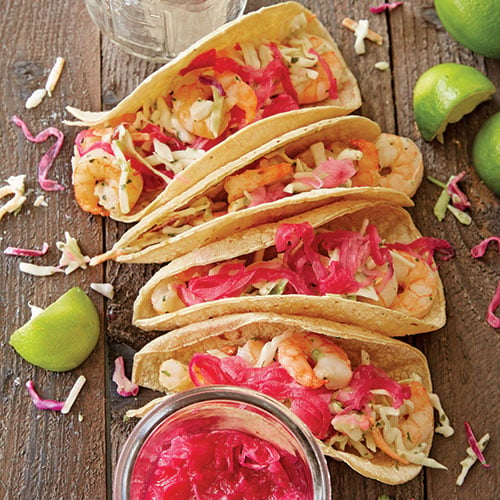 Shrimp Tacos with Jalapeño Slaw and Pickled Onions