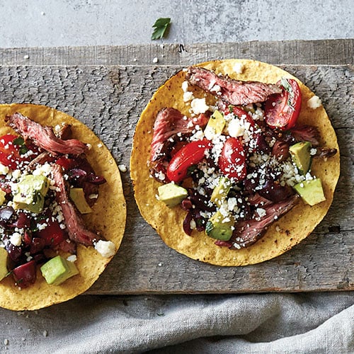Steak Tostadas with Avocados, Tomatoes &amp; Olives