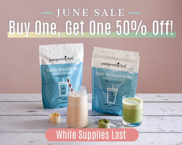 June sale, buy one get one fifty percent off smoothies while supplies last