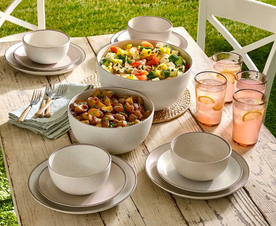Dinnerware set on a picnic table