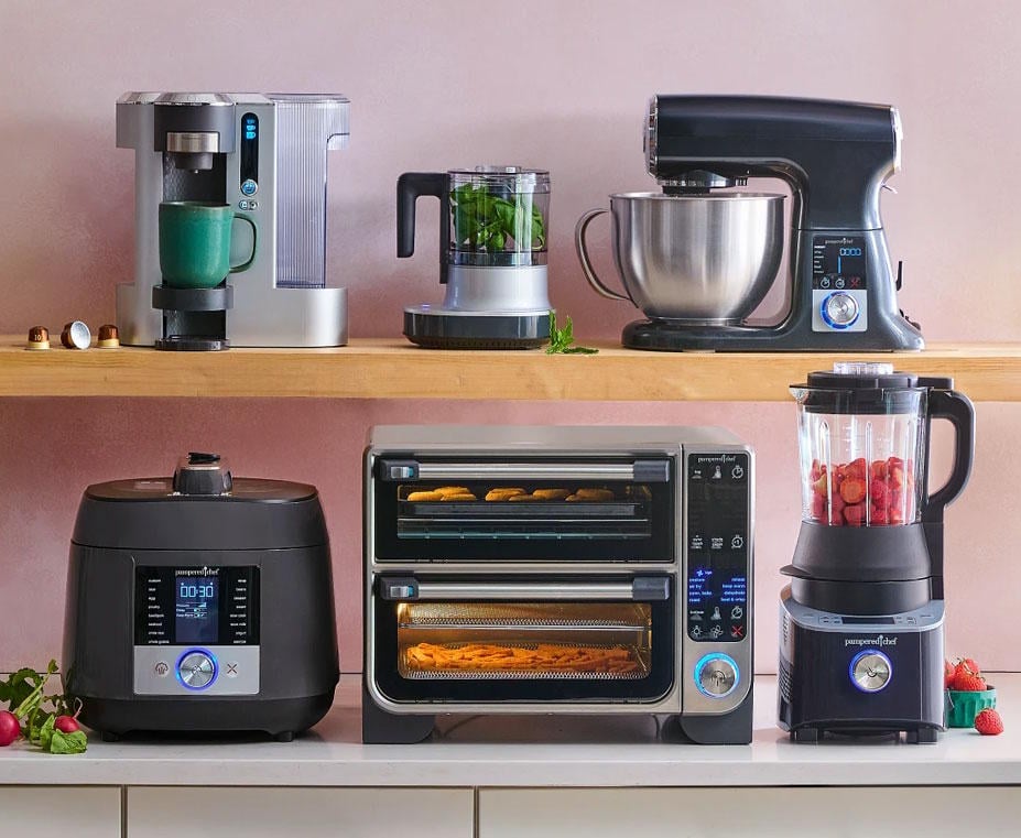 Six small appliances pictured: coffee maker, twist and chop, stand mixer, quick cooker, air fryer, and blender